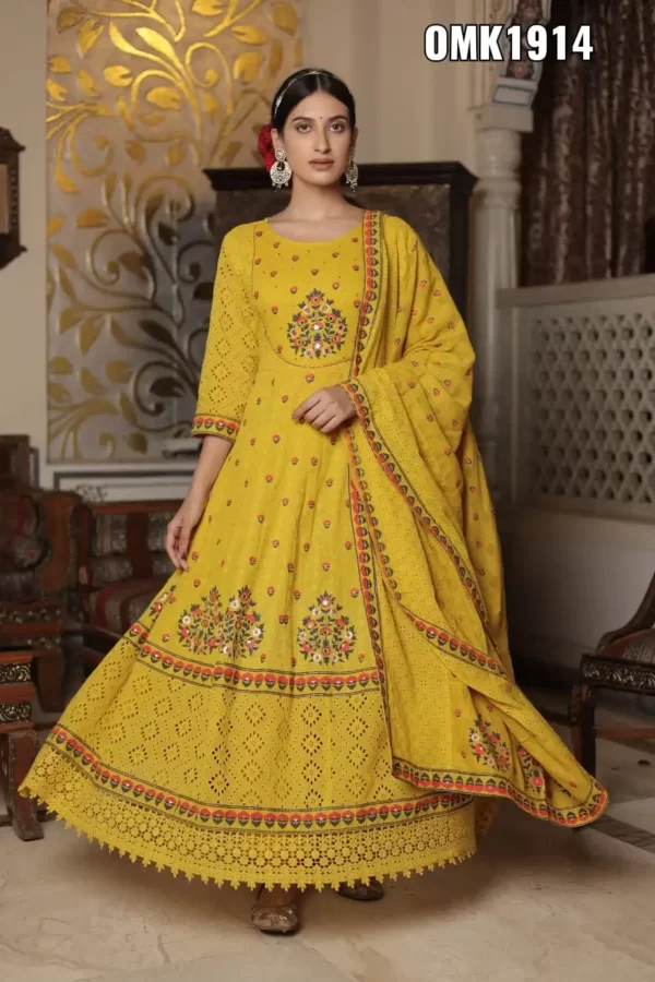 BEAUTIFUL DESIGNER RAYON SCHIFFILI ANARKALI KURTI WITH EMBROIDERY ON YOKE